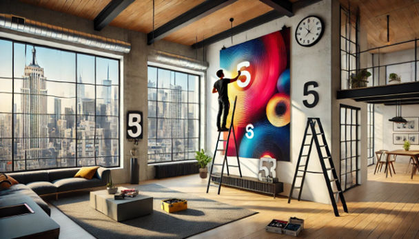 A person installing a large, colorful step and repeat banner as an accent wall at home.