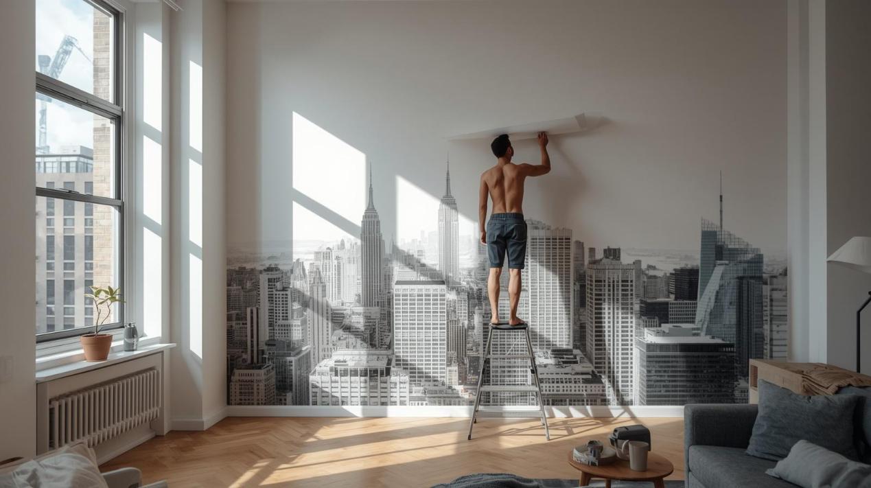 Homeowner installing large city skyline mural wall graphic inside bright modern apartment.