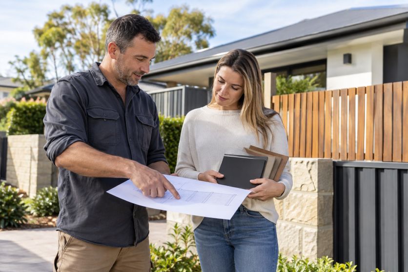 reviewing fence plans and material samples